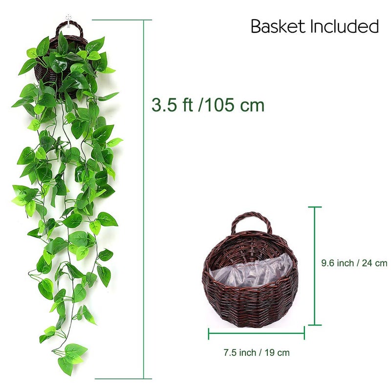 ANZOME Artificial Hanging Plants with Basket, 3.5ft Faux Ivy Vine for Wall Decor, Real-Touch Fake Greenery for Bedroom Aesthetic, Farmhouse Woven Wood Pot & Hooks Included (Indoor/Outdoor Ready) - Image 2